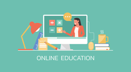 e-learning and online education concept, distance learning, female teacher connecting online math lesson via video website platform on computer, vector flat illustration - obrazy, fototapety, plakaty