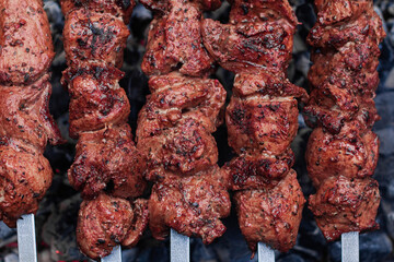 Delicious flavorful shish kebab is prepared on the grill