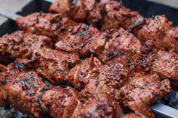 Meat on skewers is cooked on hot coals