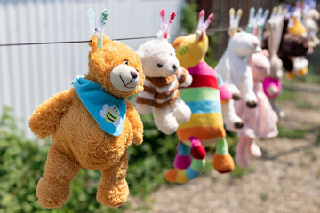 various plush toys hanging from the clothesline in the backyard on a sunny summer day. Disinfection...