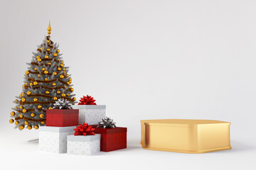 Stage podium or product stand showcase on white background, Creative product shelf for presentation,Gold polygon with gift boxes Christmas concept for special celebration of greeting, 3D rendering
