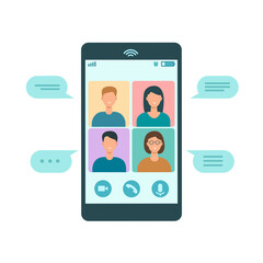 People group talking together on video conference app phone call. Video chat with people on screen phone. Work conference concept, distance learning, webinar. Vector flat illustration.