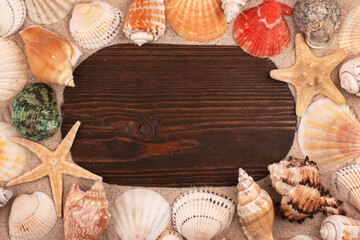 Wooden board with place for text, seashells and stars on the sand. Top view.