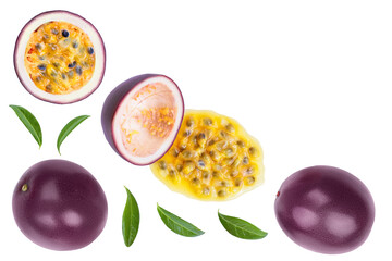 passion fruits and half isolated on white background. maracuya with clipping path. Top view with copy space for your text. Flat lay