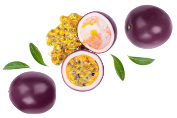 passion fruits and half isolated on white background. maracuya with clipping path. Top view. Flat lay