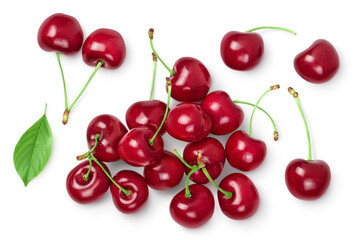 Obraz na płótnie Canvas red sweet cherry isolated on white background with clipping path . Top view. Flat lay