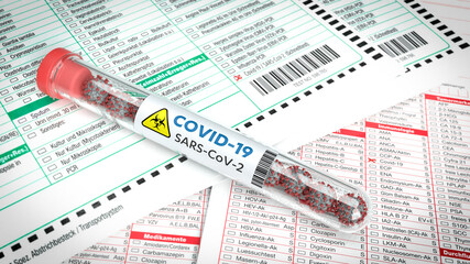 Hochansteckende Corona-Viren im Reagenzglas auf medizinischen Formularen