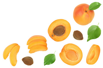 apricot fruit with half and slices isolated on white background. Clipping path. Top view with copy...