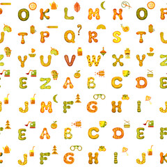 Obraz premium Seamless pattern, english alphabet, alphabet with cartoon pictures and puffy round letters. Hand watercolor illustration isolated on white background. Design of children's products, books, print.