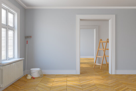 3d Illustration - leere, freie skandinavische Wohnung mit gro&szlig;en Fenstern und Parkettboden - renovieren - sanieren - vorrichten - malern - streichen