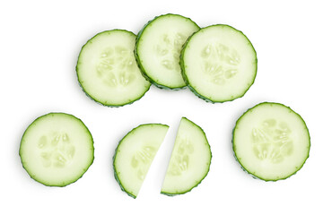 Sliced cucumber isolated on white background with clipping path and full depth of field, Top view. Flat lay