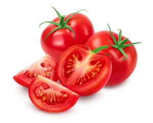 Tomato half and slices isolated on white background with clipping path and full depth of field.