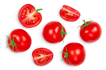 Tomato with half and slices isolated on white background. Clipping path and full depth of field. Top view. Flat lay