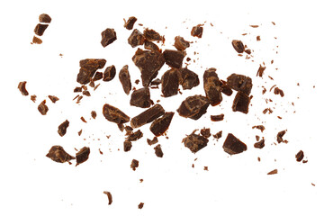 grated chocolate isolated on white background. Top view
