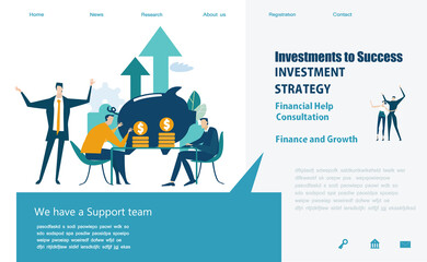 Modern flat design concept website or app page. Financial services, banking, strategic planning, development, business solutions, consulting, market research, teamwork, data analyse, support, security