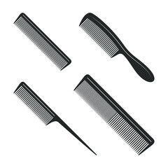 Combs graphic icons set. Different combs for hair black signs isolated on white background. Barbershop symbols. Vector illustration
