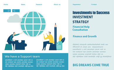Modern flat design concept website or app page. Financial services, banking, strategic planning, development, business solutions, consulting, market research, teamwork, data analyse, support, security