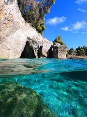 Foto op Plexiglas Underwater and sea level photo of amazing tropical rocky turquoise clear seascape with caves and natural pine trees © aerial-drone