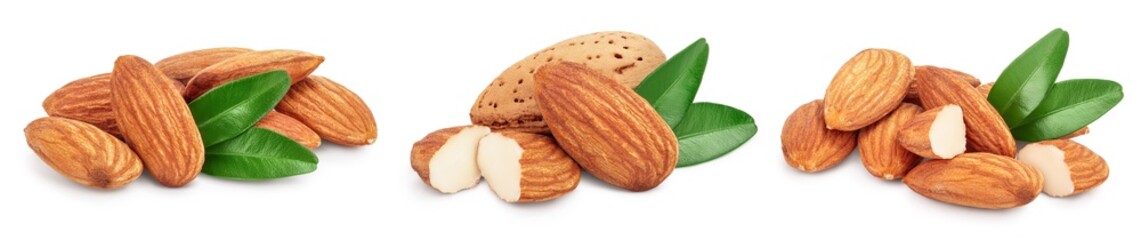 Almonds nuts with leaves isolated on white background with clipping path and full depth of field. Set or collection