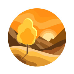Autumn flat landscape in round shape on white isolated background. Yellow tree on the hill, mountains, sunset, sky. Suitable for poster, banner, card.