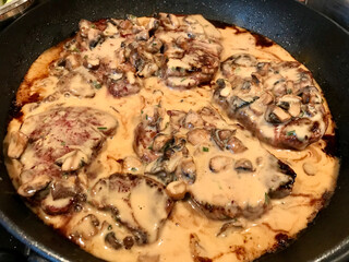 Fillet of Beef with Creamy Mushroom Frying and Cooking in Pan.