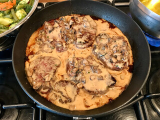 Fillet of Beef with Creamy Mushroom Frying and Cooking in Pan.