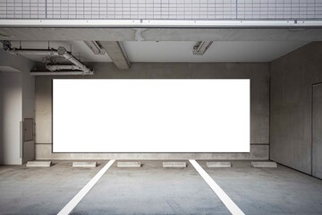 Large blank billboard on the wall of the basement car park