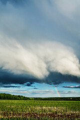 Naklejka na ściany i meble Rainclouds over a field with rainbow