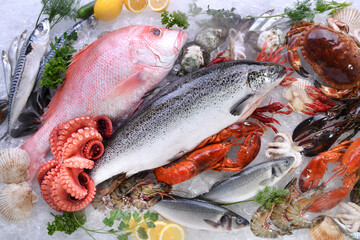 Top view of variety of fresh fish and seafood on ice with dry ice smoke