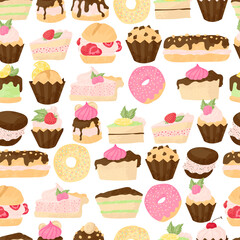 Vector pastry seamless pattern with cakes, pies, profiterole, muffins, cupcakes and eclair with chocolate, fruits and berries. Hand drawn sweet bakery products in flat cartoons style on white.