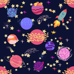 Seamless space pattern. Planets, rockets and stars. Cartoon spaceship icons. Kid's elements for scrap-booking.