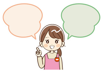 女性、幼稚園、先生、ふきだし、説明