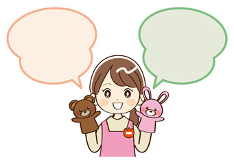 女性、幼稚園、先生、ふきだし、笑顔、ぬいぐるみ
