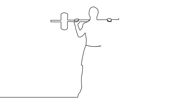 Self-drawing animation of a man, weight lifting. Continuous one line drawing of male bodybuilder hand drawn silhouette animate. Workout gym illustration.
