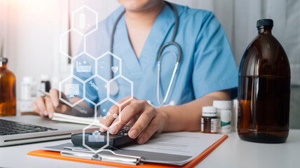 Medicine doctor touching electronic medical record on tablet. DNA. Digital healthcare and network connection on hologram modern virtual icon - Powered by Adobe