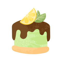 Tasty cake decorated with lemon slice and chocolate. Cheesecake with topping and lime isolated on white background. Cheese dessert. Flat vector illustration in cartoons style with texture.