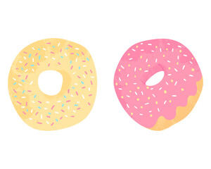 Donuts - american sweet dessert with caramel or chocolate pink and yellow glaze covered. Sweets desserts in flat cartoons design. Candy food. Isolated white background.