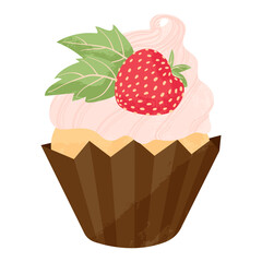 Single hand drawn cupcake or muffin with strawberry and whipped cream. Vector cartoon illustration in flat design. Element for greeting cards, posters, stickers and seasonal design. Isolated on white.