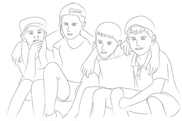 Fototapeta na wymiar A sketch of four children who are sitting nearby