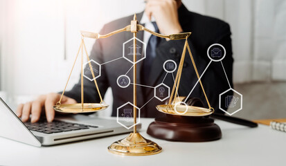 Business and lawyers discussing contract papers with brass scale on desk in office. Law, legal...