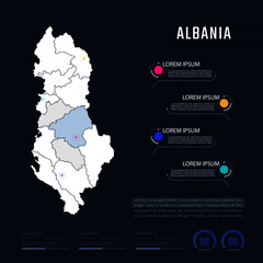 Albania country map infographics vector with pointer marks and circle chart.  Editable Infographics template. Vector illustration