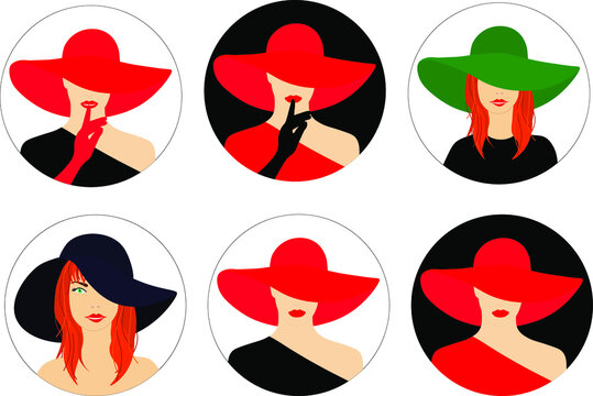 Girl in a hat, set of avatars, girl with red lips in a red hat