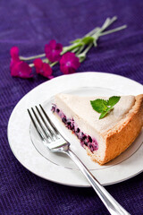 Slice of coffee cake with blueberries on a white plate