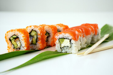 Set of Philadelphia and California sushi on green leaf with wooden sticks. Traditional Japanese cuisine.