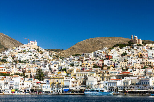 Panoramic view of Ermoupoli and Ano Syra towns in Syros island, Cyclades islands, Greece, Europe.