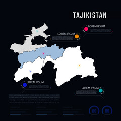 Tajikistan country map infographics vector with pointer marks and circle chart.  Editable Infographics template. Vector illustration