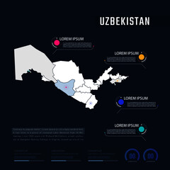 Uzbekistan country map infographics vector with pointer marks and circle chart.  Editable Infographics template. Vector illustration