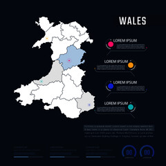 Obraz premium Wales country map infographics vector with pointer marks and circle chart. Editable Infographics template. Vector illustration