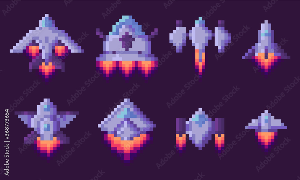Poster pixel game vector, isolated set of spaceship run of fuel, outer space exploration, video gaming in r