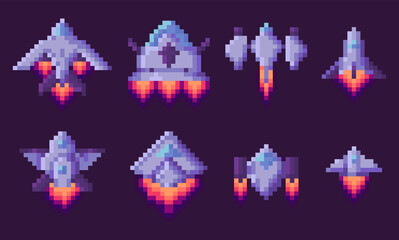 Fototapeta na wymiar Pixel game vector, isolated set of spaceship run of fuel, outer space exploration, video gaming in retro flat style. 8 Bit ships with wings and flames, pixelated cosmic object for mobile app games